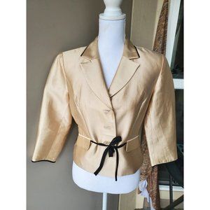 Kay Unger Jacket Womens 6 Beige Fitted Peplum Flower Buttons Silk Blend